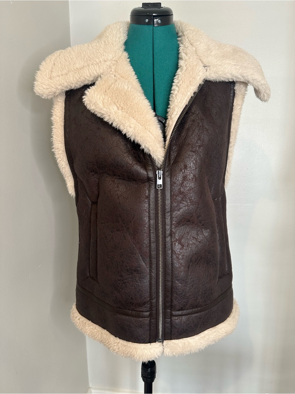 Brown Faux-Shearling Lined Vest with Cream Trim
